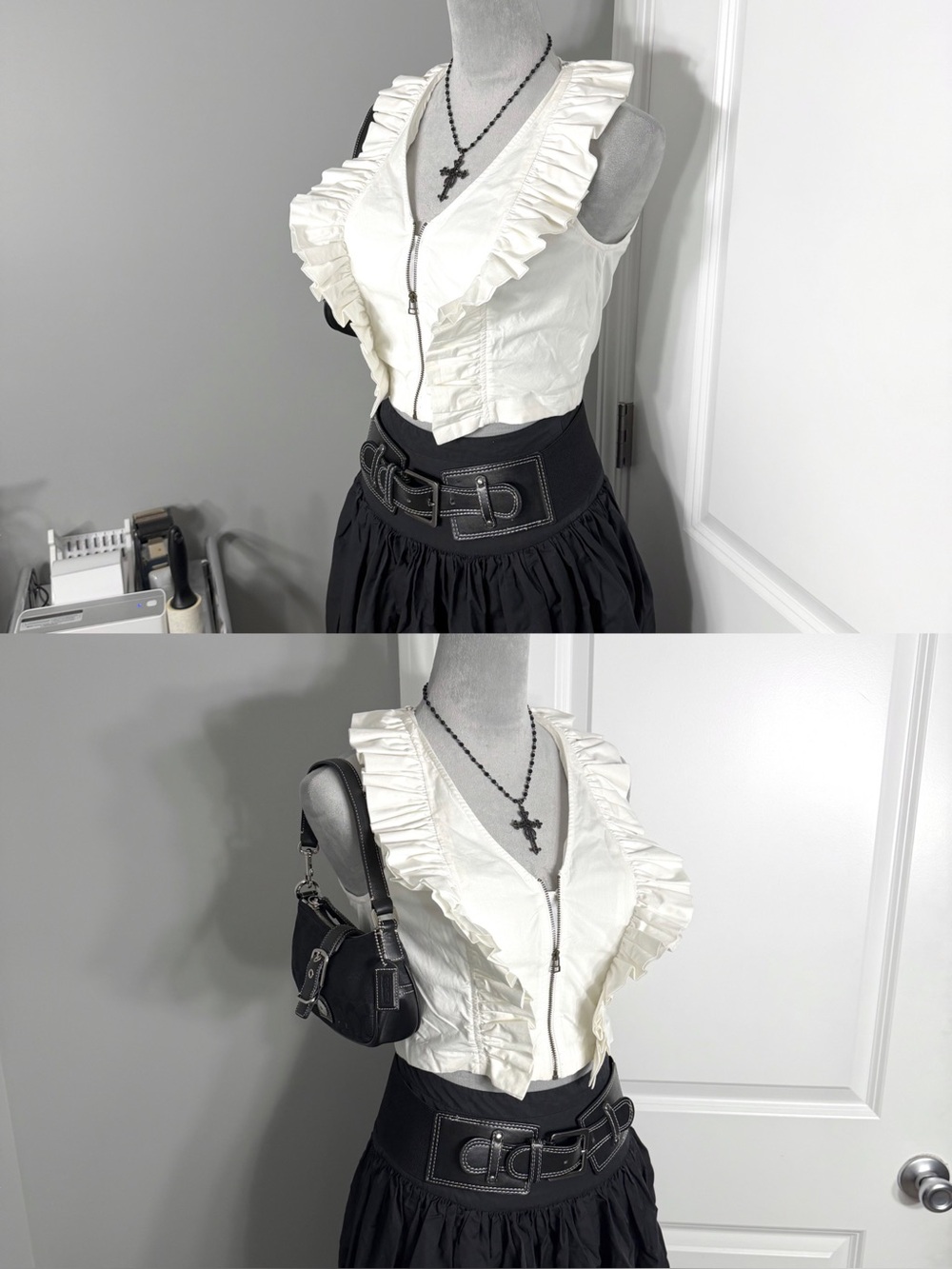 Maeve By Anthropologie White Ruffle Zipped Poplin Top Size XXS